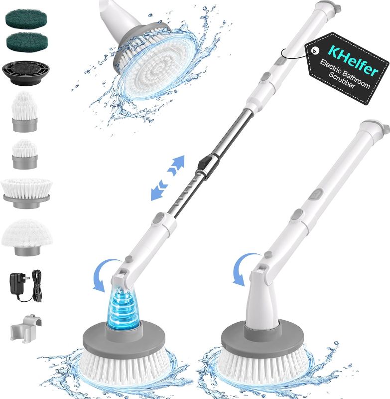 Photo 1 of kHelfer Electric Spin Scrubber Kh8, 2024 Upgrade Cordless Shower Scrubber 8 Replacement Head, 1.5H Bathroom Scrubber Dual Speed, Shower Cleaning Brush with Extension Arm for Bathtub Tile Floor
