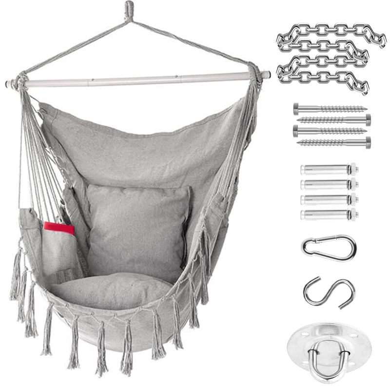 Photo 1 of Hammock Chair Hanging Rope Swing - Max 330Lbs - 2 Cushions Included - Steel Spreader Bar with Anti-Slip Rings - for Any Indoor or Outdoor Spaces (Light Grey)