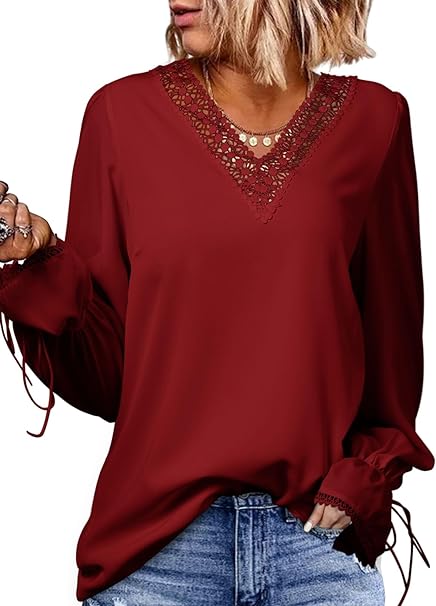 Photo 1 of LARGE Dokotoo Womens Long Sleeve Tops Lace Trim V Neck Fashion Tunic Tops Flowy Casual Shirts Chiffon Blouses 2023 Fall Clothes