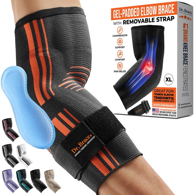 Photo 1 of DR. BRACE® Elite Elbow Brace Support, Breathable Elbow Compression Sleeve with Gel Pad for Golfer's, Tennis Elbow & Tendonitis Treatment & Pain Relief - With Removable Arm Wrap (Grey-Orange, X-Large)
