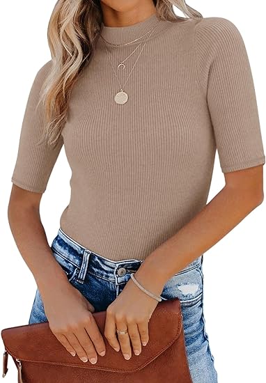 Photo 1 of 2XL Women's Casual Basic Mock Neck Half Sleeve Ribbed Knit Shirts Top