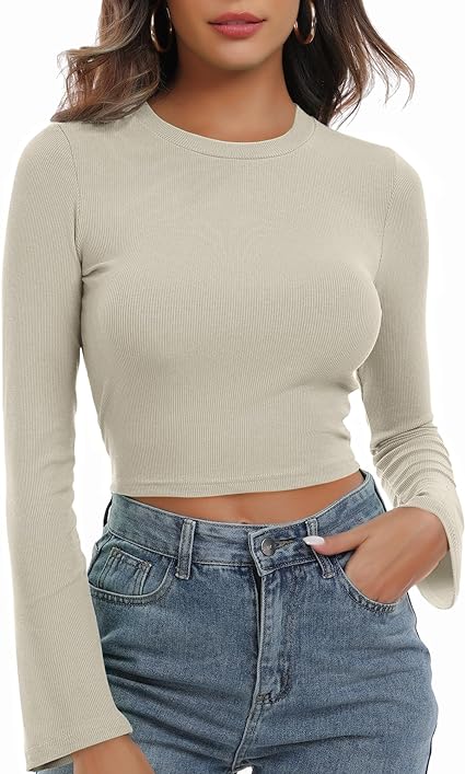 Photo 1 of Womens Basic Ribbed Crop Tops Flare Long Sleeve Stretch Slim Fitted Pullovers Tee
