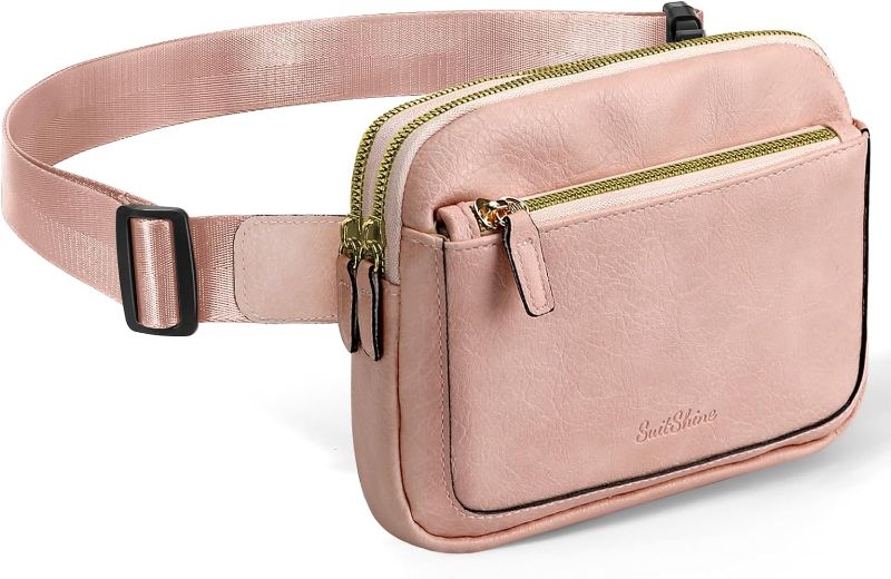 Photo 1 of Fanny Packs for Women and Men,Leather Belt Bag Everywhere Crossbody Waist Bags with Adjustable Strap,Pink 