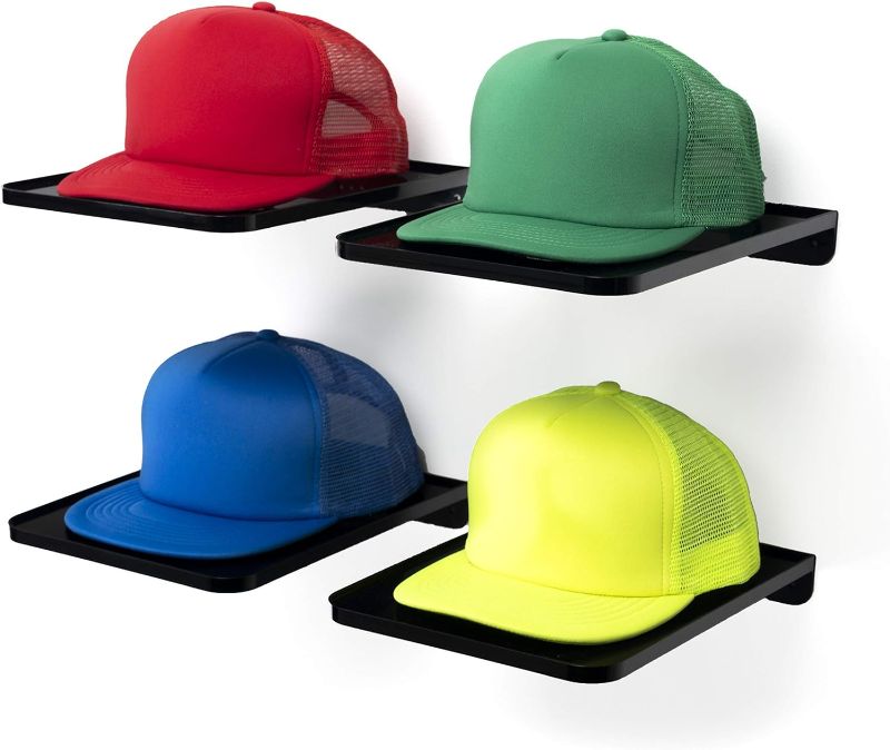 Photo 1 of Boxy Concepts Hat Rack for Wall - Pack of 4 Premium Hat Organizer for Baseball Caps - Hat Storage, Hat Holder, & Hanger Your Ball Caps - Plastic Wall Mountable Display Shelf with 3M Foam Adhesive Tape
