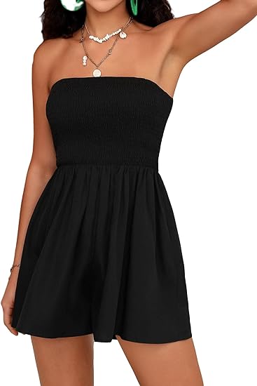 Photo 1 of LARGE-COZYEASE Women's Shirred Tube Romper Solid Strapless Sleeveless High Waist Short Length Jumpsuit https://a.co/d/3RBxPee