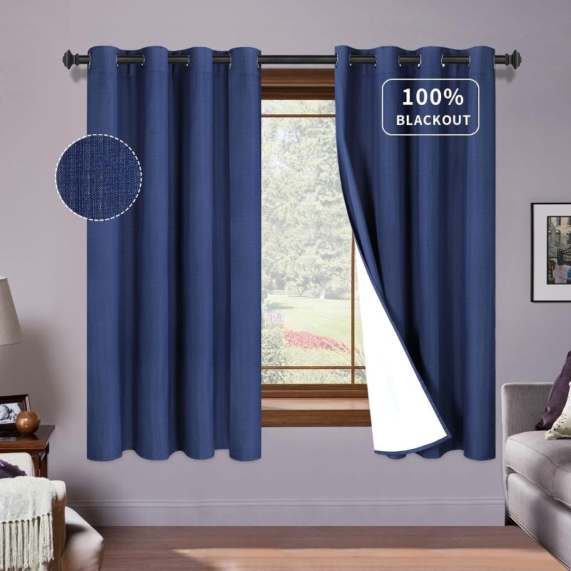Photo 1 of PureFit Linen 100% Blackout Curtains 63 Inch Length Room Darkening Window Thermal Insulated Curtain Drapes for Bedroom Nursery with Anti-Rust Grommets and Energy Saving Liner, Navy Blue, 2 Panels
