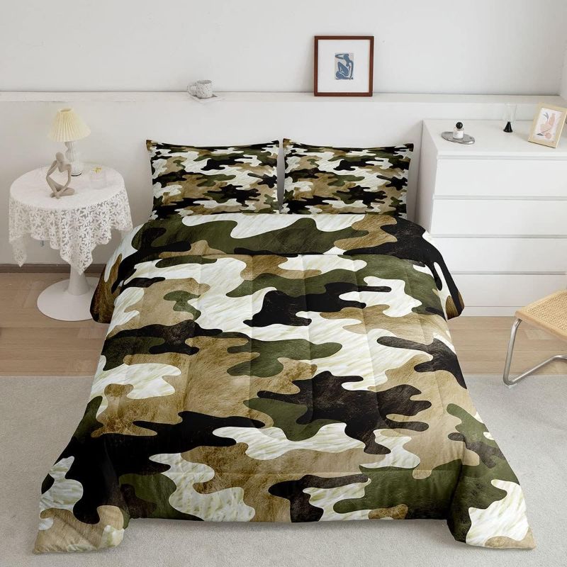 Photo 1 of Feelyou Kids Cow Fur Comforter Set Camouflage Cowhide Bedding Set Military Comforter Western Farm Animal Skin Green Duvet Set 3Pcs with 2 Pillow Case Queen Size Boys