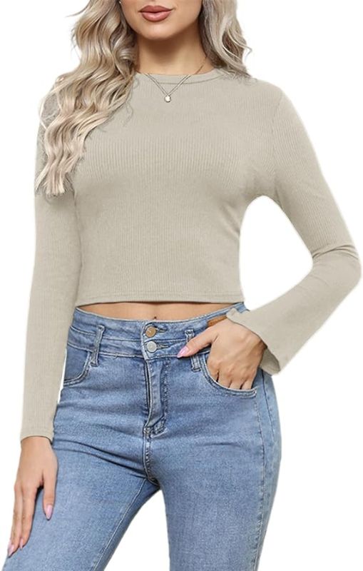 Photo 1 of LARGE -Womens Basic Ribbed Crop Tops Flare Long Sleeve Stretch Slim Fitted Pullovers Tee

