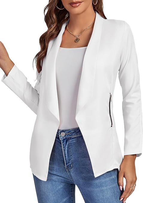 Photo 1 of LYANER Women's Casual Lapel Open Front Long Sleeve Jackets Blazer with Zipper Pockets White X-Large