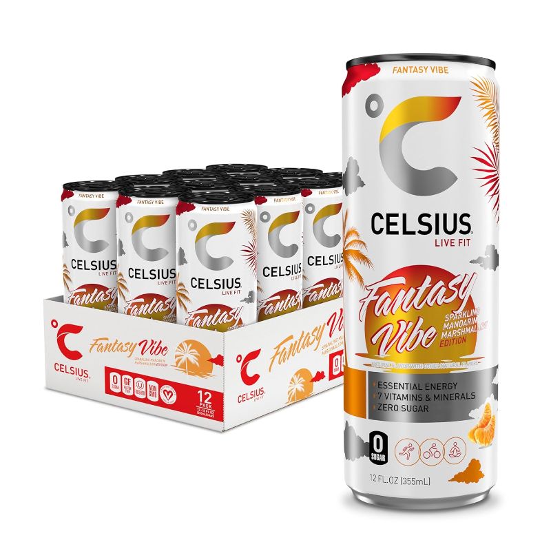Photo 1 of CELSIUS Sparkling Fantasy Vibe, Functional Essential Energy Drink 12 Fl Oz (Pack of 12) Sparkling Fantasy Vibe 1 Count (Pack of 12) EXP: 09/24