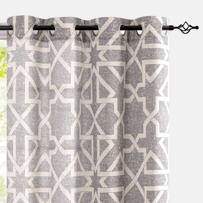 Photo 1 of JINCHAN Linen Curtains for Living Room, Geometric Lattice Print Curtains 96 Inch Length for Bedroom, Moroccan Tile Pattern Drapes, Light Filtering Grommet Top Window Treatments, 2 Panels Grey on Beige
