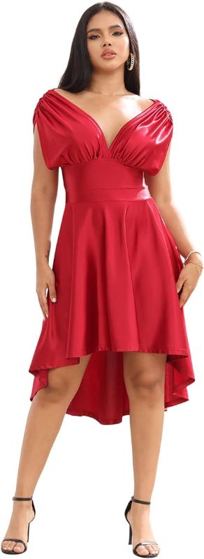 Photo 1 of SMALL- Halfword Womens Satin Dress V Neck Sleeveless High Low A Line Wedding Guest Party Dresses