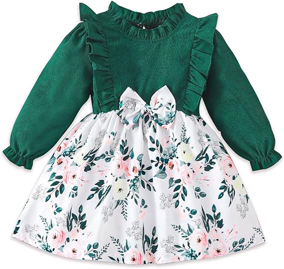 Photo 1 of PATPAT Toddler Girls Floral Print Bowknot Dress Toddler Long Sleeves Spring Dress 3-4T
