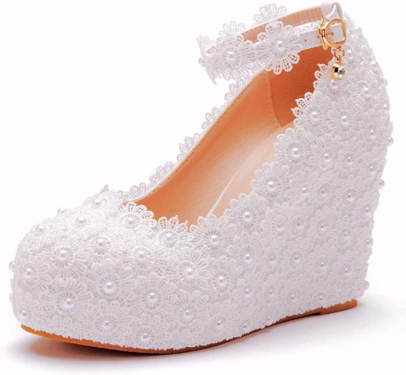Photo 1 of Size 5 Women's Wedding Shoes, 11 cm Elegant Lace Beaded Floral High Heel Bridal Sandals, Wedding Party Evening Dress Stage Performance Everyday Princess Pumps,White