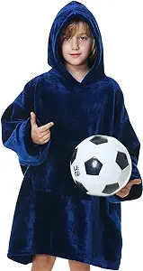 Photo 1 of Aemilas Wearable Blanket Hoodie, Oversized flannel Blanket Sweatshirt with Hood Pocket and Sleeves, Cozy Soft Warm Plush Hooded Blanket for Kids Youth Boys Girls, One Size Fits All (Navy)