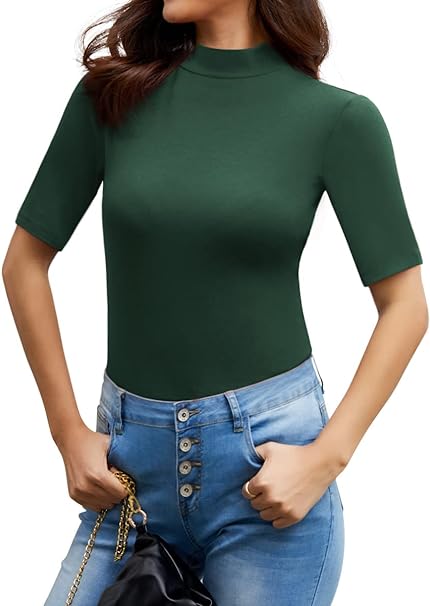 Photo 1 of HWOKEFEIYU Women's Casual Basic Mock Neck Half Sleeve Ribbed Knit Shirts Top - SIZE LARGE