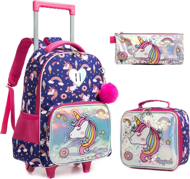 Photo 1 of MOHCO Rolling Backpack for Kids Wheeled Backpack for Girls with Lunch Bag Pencil Case

