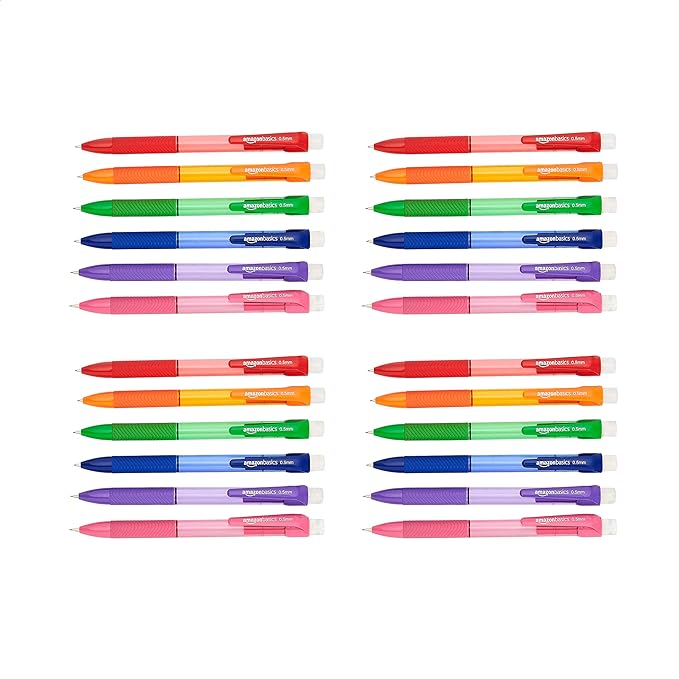 Photo 1 of Amazon Basics Mechanical Pencils with Rubber Grip, Fine Point (0.5 mm) - 24-Pack, Multicolor
