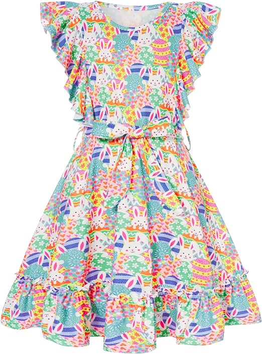 Photo 1 of Funnycokid Girls Ruffle Sleeve Dress Kids Summer Clothes Flutter Hem Sundress Outfit with Belt 9 Years
