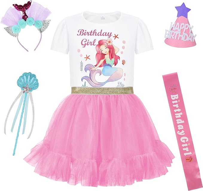 Photo 1 of DANGCOS Birthday Outfit Girl Set Tutu Skirt Dress Mermaid T-Shirt with Hat,Headband,Magic Wand,Satin Sash - MEDIUM