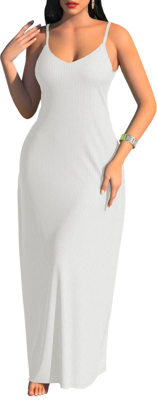 Photo 1 of Casual White Summer Maxi Sundress Dresses for Women Ribbed Plus Size Loose Adjustable African Dress with Pockets - 2 XL