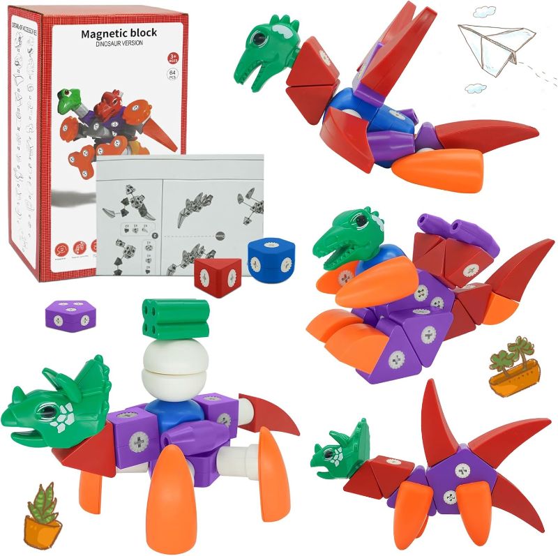 Photo 1 of Dulior Dinosaur Toys Magnetic Building Blocks Kids Toys - 64PCS Dinosaur World STEM Magnet Toys for Toddlers Creative Construction Play for 3+ Year Old Boys Girls Preschool Learning Sensory Toys
