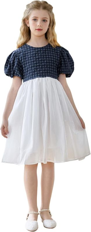 Photo 1 of SMILING PINKER Girls Formal Pageant Dress Puff Sleeve Plaid A-line Organza Dress - SIZE 130