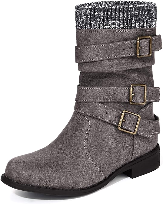 Photo 1 of Coutgo Girls Boots Buckle Strap Low Chunky Heel Pull On Winter Mid Calf Riding Boot - SIZE 4 GIRLS 