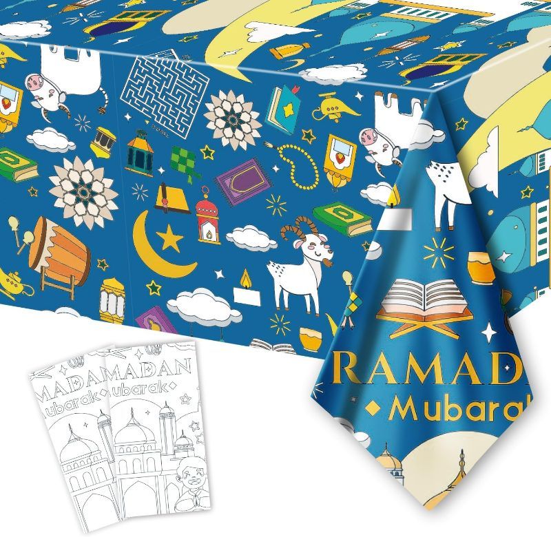 Photo 1 of 2PCS Ramadan Giant Coloring Poster/Tablecloth - Moon Star Latern Crafts for Kids - 108 x 54 Inch Jumbo Paper Coloring Table cover Kids Gifts Activities Toys Party Classroom Ramadan Spring Decorations