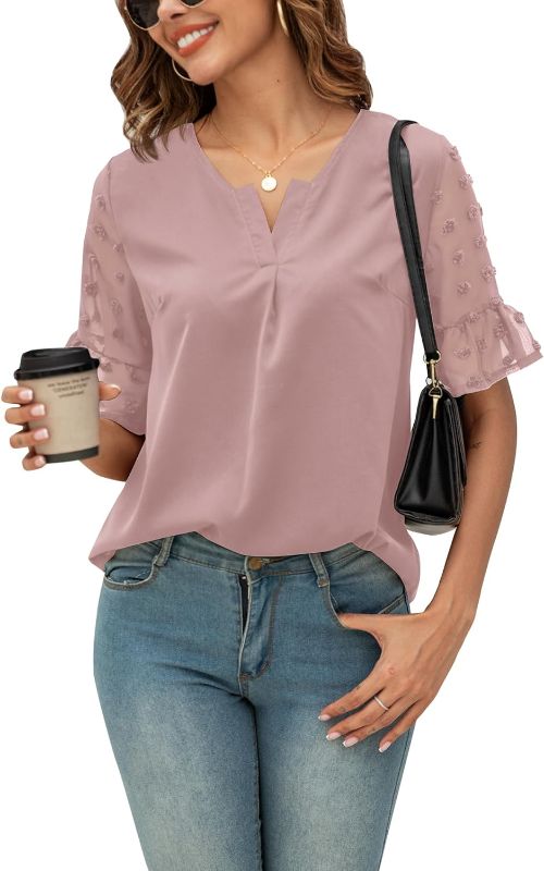 Photo 1 of Women Short Sleeve Shirts V Neck Chiffon Blouses Summer Tops Dressy Casual - XL
