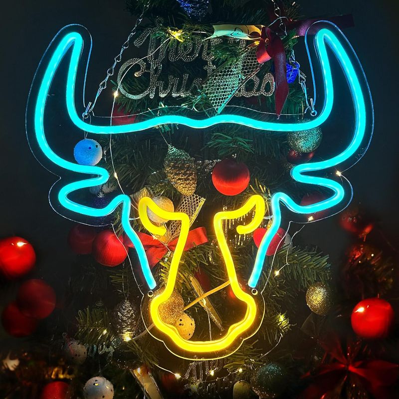 Photo 1 of Eufrozy Cow Neon Signs for Wall Decor, 15.7" Blue Bull Skull Neon Light 10 Dimmable Texas Longhorn Led Sign USB Powered for Western Cowboy Cowgirl Lovers Bedroom Room Man Cave Decoration Nightlight
