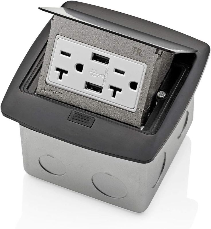 Photo 1 of Leviton PFUS2-MB Pop-Up Floor Box with Dual Type A, 3.6 USB Charger, 20 Amp Outlet, Black
