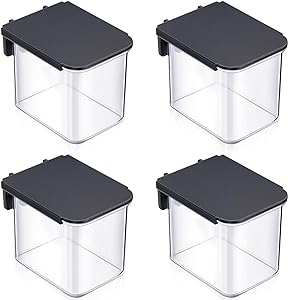 Photo 1 of Weysat 4 Pack Pegboard Accessories Pegboard Containers with Lid Black Clear Pegboard Bins with Hooks Plastic Pegboard Organizer for Garage Kitchen Room Craft Storage, 3.9 x 3.2 x 3.2 Inch