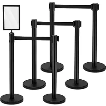 Photo 1 of Therwen 6 Pack Heavy Duty Crowd Control Stanchions Stainless Steel Stanchion Set with 6 Safety Barrier Post with Retractable Belt and 1 Sign Holder Crowd Control Barrier (Black,9.8 ft) 