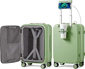 Photo 1 of mixi Carry On Luggage with Cup Phone Holder and Charger Hard Shell Suitcases with Spinner Wheels, 20 Inch Avocado Green 