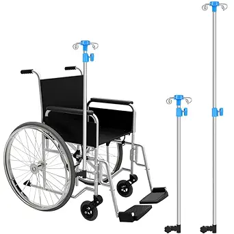 Photo 1 of TrelaCo 2 Pcs Portable Iv Pole 4 Hook Height Adjustable Wheelchair Infusion Stand Stainless Steel Iv Pole Holder for Hospitals Clinics Wheelchairs Beds, Height Adjusts from 29.3" to 52.4" 