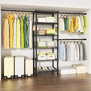 Photo 1 of Ulif M5 Wall Mounted Clothes Garment Rack, Heavy Duty Closet Storage and Organizer System with 6 Shelves and 3 Expandable Hanger Rods, Space Saver Suit (46.2-102.4)" W x 14" D x 83.1" H, Black https://a.co/d/hC583tF