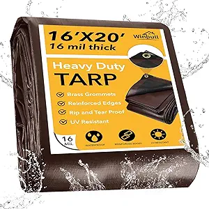 Photo 1 of Winpull Tarp 16x20FT, 16 Mil Heavy Duty Large Tarps, Waterproof Tarp with Brass Grommets and Reinforced Edges, UV Resistant, Tear&Fade Resistant Poly Tarp for Outdoor Camping Pool Car Tent