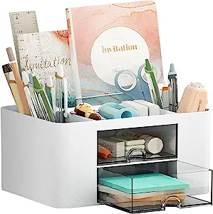 Photo 1 of Marbrasse Pen Organizer with 2 Drawer, Multi-Functional Pencil Holder for Desk, Desk Organizers and Accessories with 5 Compartments + Drawer for Office Art Supplies (White) 
