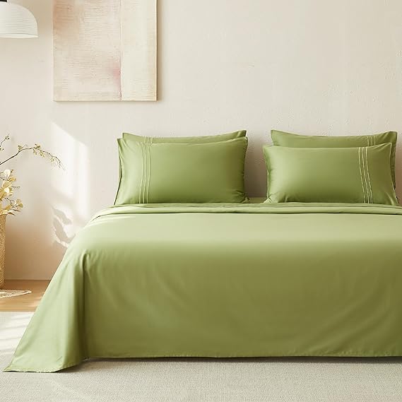 Photo 1 of JELLYMONI Avocado Green Sheet Sets Queen Size - Sheets for Queen Size Bed, Soft and Cooling Sheets, 4 Pieces Hotel Luxury Bedding, Easy Care Wood Pulp Fiber Sheet Set 