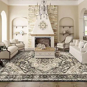 Photo 1 of TOPRUUG Washable Oriental Area Rug - 9x12 Rugs for Living Room Soft Carpet for Bedroom Waterproof Floral Distressed Indoor Stain Resistant Non-Shedding Floor Carpets (Black/Grey, 9x12)