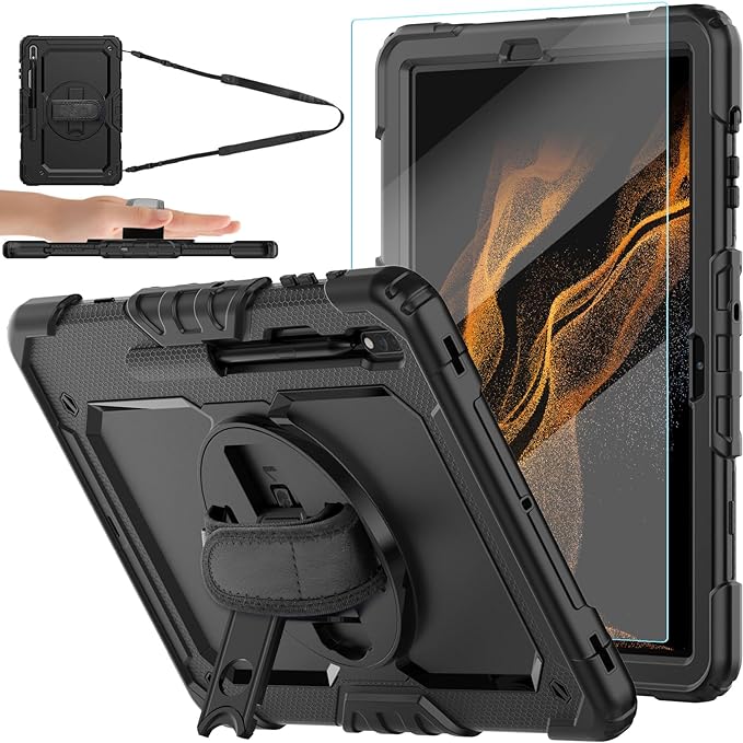 Photo 1 of Case for Samsung Galaxy Tab S8 Plus/ S7 FE 5G 12.4'' with Tempered Glass Screen Protector Pencil Holder 360 Rotating Hand Strap&Stand,BLOSOMEET Tablet Case for Galaxy Tab S8 Plus/S7 Plus,Black 