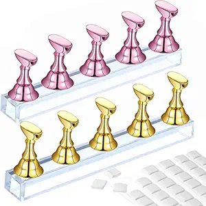 Photo 1 of 2 Set Acrylic Nail Practice Stand Magnetic Nail Tip Art Display Stand Holder Manicure Tool with Reusable Adhesive Putty Clay for Home Salon Makeup (MetalPink & Gold) 