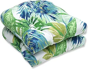 Photo 1 of Pillow Perfect Tropic Floral Indoor/Outdoor Chair Seat Cushion, Tufted, Weather, and Fade Resistant, 19" x 19", Blue/Green Soleil, 2 Count 