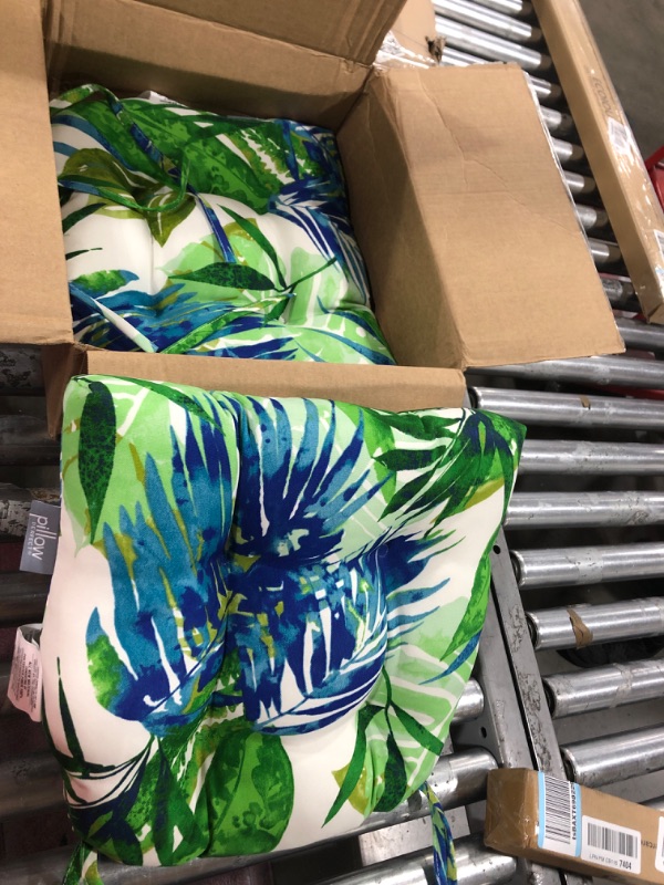 Photo 2 of Pillow Perfect Tropic Floral Indoor/Outdoor Chair Seat Cushion, Tufted, Weather, and Fade Resistant, 19" x 19", Blue/Green Soleil, 2 Count 