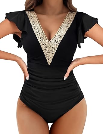 Photo 1 of Womens One Piece Swimsuits Tummy Control Bathing Suits Deep V Lace Neckline Ruffle Full Coverage Swimwear for Women 2024 /XXL