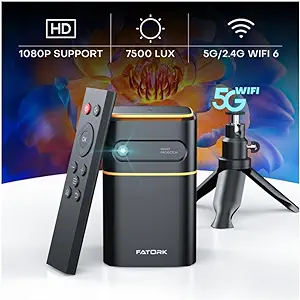 Photo 1 of FATORK Mini Projector with 5G WiFi,1080P HD Small Projector Short Throw with Tripod, Outdoor Projector for Phone, Rechargeable Portable Projector, Compatible with iOS/Android/TV Stick/HDMI/USB 2.0 