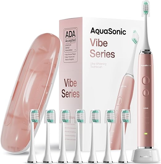 Photo 1 of Aquasonic Vibe Series Ultra-Whitening Toothbrush – ADA Accepted Power Toothbrush - 8 Brush Heads & Travel Case – 40,000 VPM Motor & Wireless Charging - 4 Modes w Smart Timer – Satin Rose Gold 