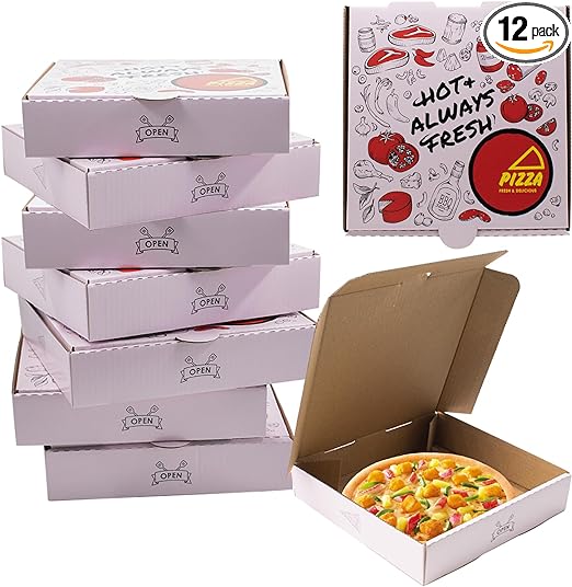 Photo 1 of 12 PCS Pizza Boxes, 10 x 10 x 1.6 Inch Kraft Corrugated Pizza Boxes BBQ Pattern Printing Cardboard Boxes Takeout Containers Takeaway Shipping Storage Boxes for Pizza, Cake, Cookies, Food (10 inch)