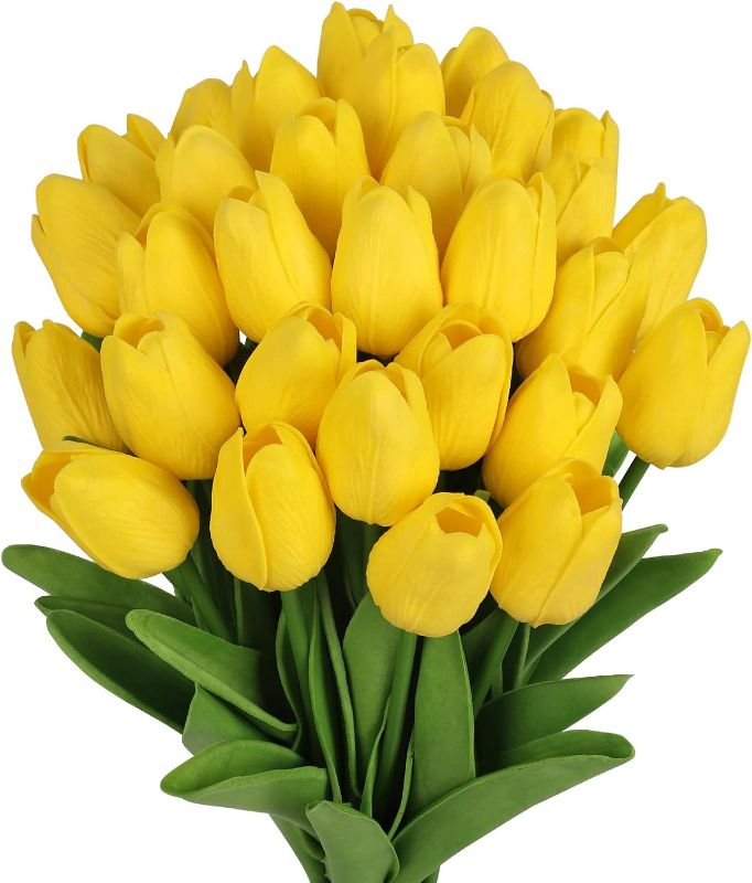 Photo 1 of MACTING 30pcs Yellow Tulips Artificial Flowers, Real Looking Spring Flowers Bulk for Mothers Day Home Office Tbale Centerpiece Party Home Decorations
